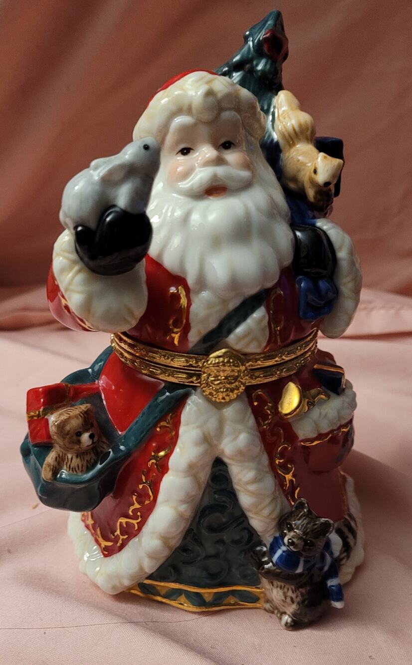 Traditions Porcelain Christmas Decor Santa Figurine Full Toy Sack Trinket Box